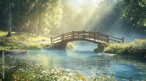 A scenic wooden bridge crossing a crystal-clear river, surrounded by wildflowers and green meadows, early morning mist, bright sunrays shining through the trees, tranquil nature setting