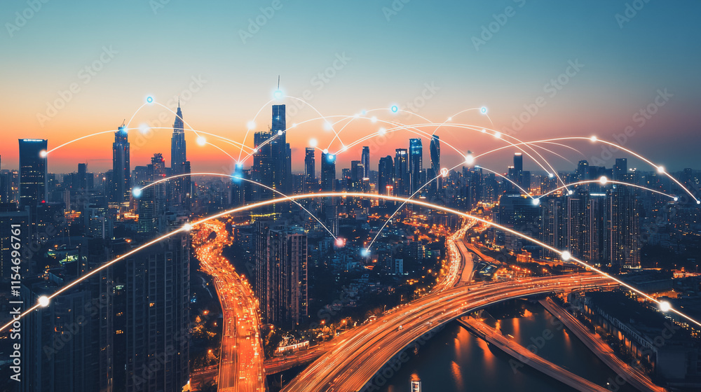 Obraz premium Smart digital Innovation city with connection network reciprocity over the cityscape. of future smart wireless city and social media networking systems that connects business people with in city