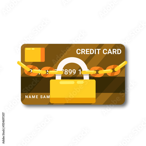 Credit card with yellow padlock and chain icon. Blocked credit card icon. Yellow credit card with protection and secured. Elements for business and finance. Vector illustration.  photo