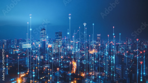 Wallpaper Mural Smart digital Innovation city with connection network reciprocity over the cityscape. of future smart wireless city and social media networking systems that connects business people with in city Torontodigital.ca