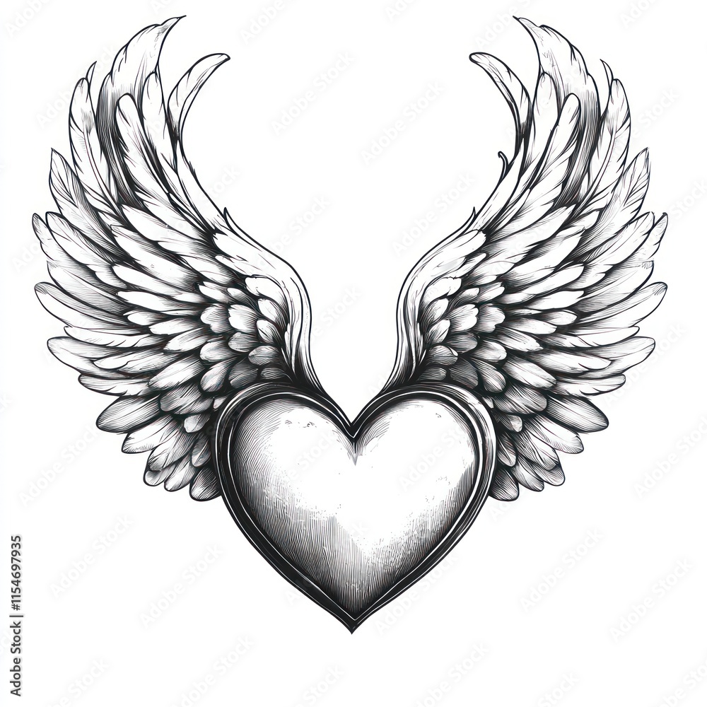 Monochrome heart with angel wings tattoo design. Monochrome heart with angel wings tattoo design.