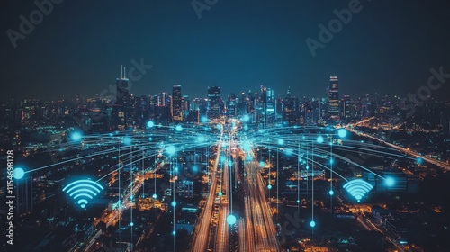 Wallpaper Mural Smart digital Innovation city with connection network reciprocity over the cityscape. of future smart wireless city and social media networking systems that connects business people with in city Torontodigital.ca