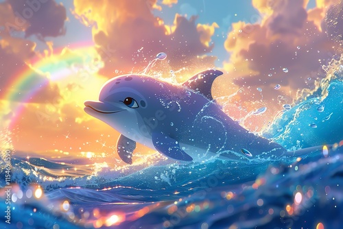 Dolphin leaping at sunset with rainbow.