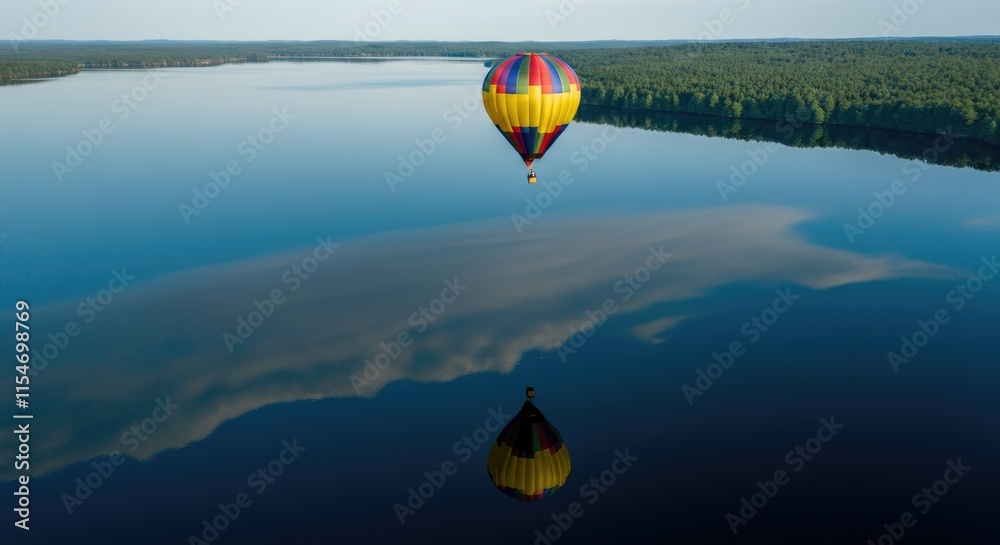 Fototapeta premium Multicolored hot air balloon over calm lake with reflection