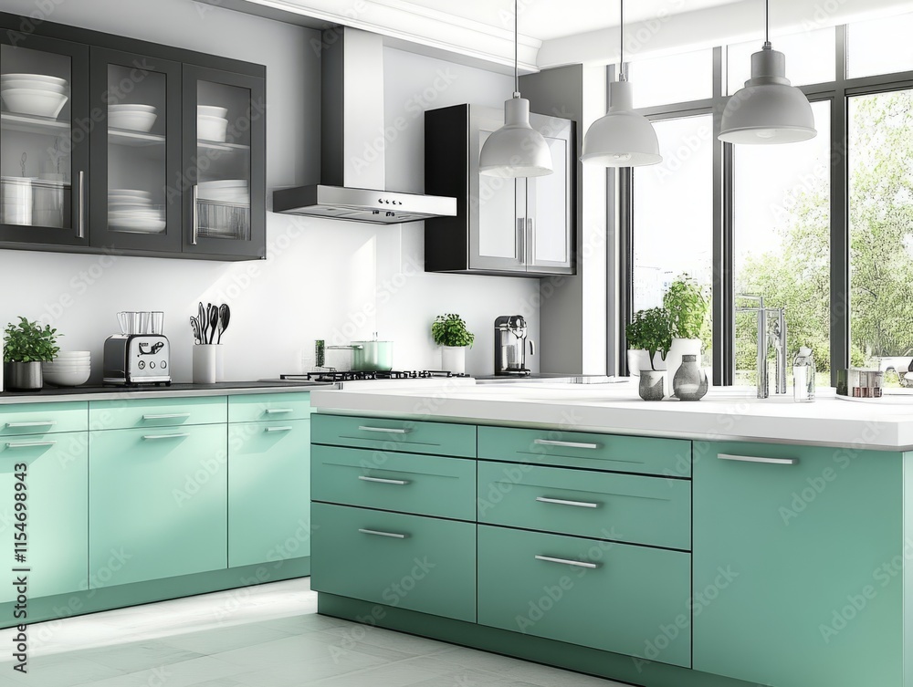 Fototapeta premium Modern Mint Green Kitchen Island Design with Glass Cabinets