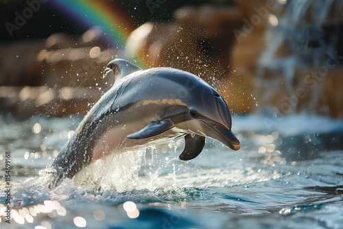 Dolphin leaping from water with rainbow.