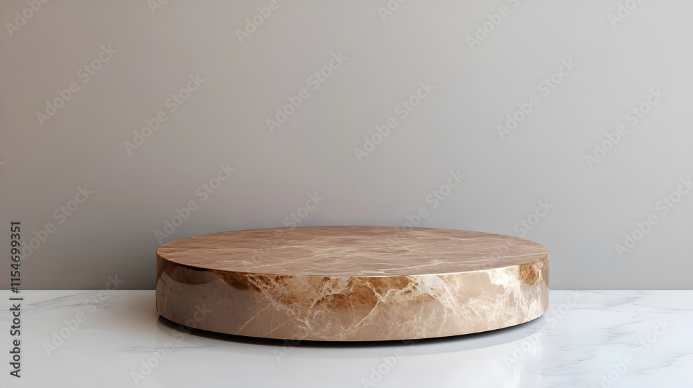 A round podium with a polished surface, against a clean light gray backdrop A round podium with a polished surface, against a clean light gray backdrop