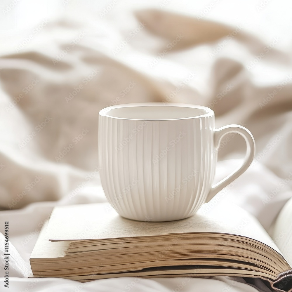 An elegant white coffee mug with delicate lines, resting on top of vintage books in the foreground, set against a soft-focus background that suggests a serene bedroom setting An elegant white coffee mug with delicate lines, resting on top of vintage books in the foreground, set against a soft-focus background that suggests a serene bedroom setting