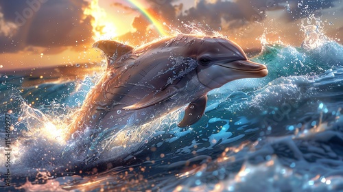 Dolphin leaping ocean sunset rainbow.