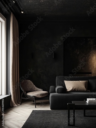 Dark Modern Living Room Interior Design with Sofa and Chair