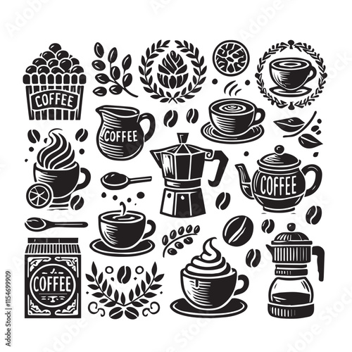 Set of coffee elements and coffee accessories vector