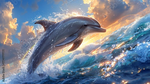 Dolphin leaping ocean sunset.