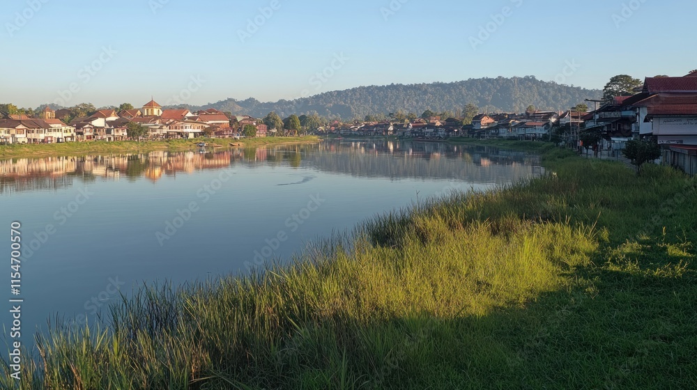 Fototapeta premium Calm river reflecting houses and hills at sunrise.