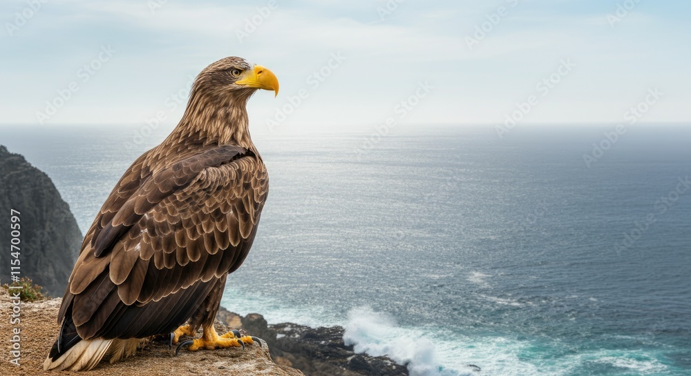 Fototapeta premium Majestic eagle perched on cliff overlooking ocean waves