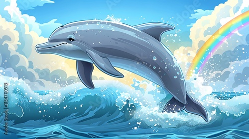 Dolphin leaping over ocean waves with rainbow.