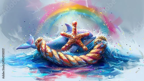 Dolphin, starfish, rainbow, rope, ocean wave.