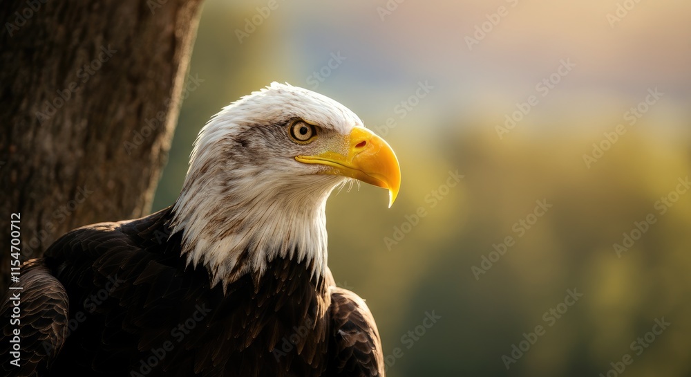 Fototapeta premium Majestic bald eagle perched on tree branch, sharp gaze