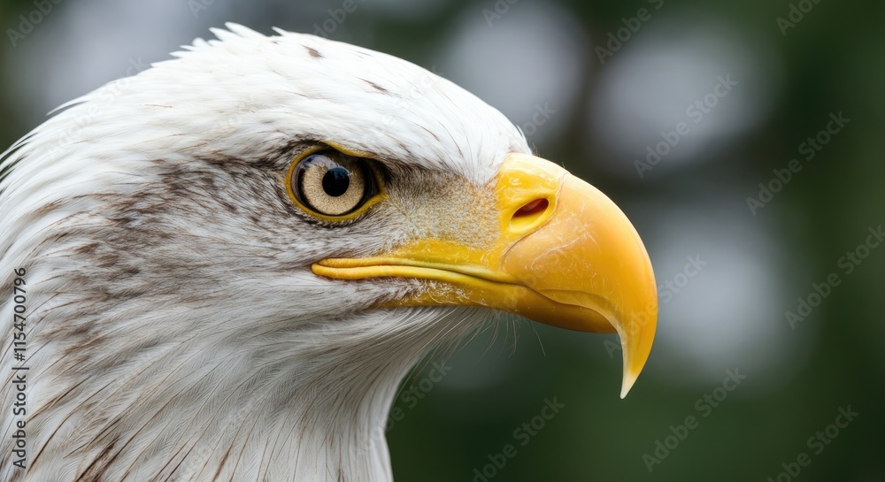 Close-up of bald eagle with sharp yellow beak and piercing eye Close-up of bald eagle with sharp yellow beak and piercing eye