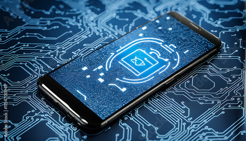 smartphone with cybersecurity lock icon on a blue circuit background
