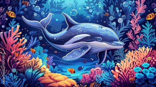Dolphin swimming in vibrant coral reef. (1)