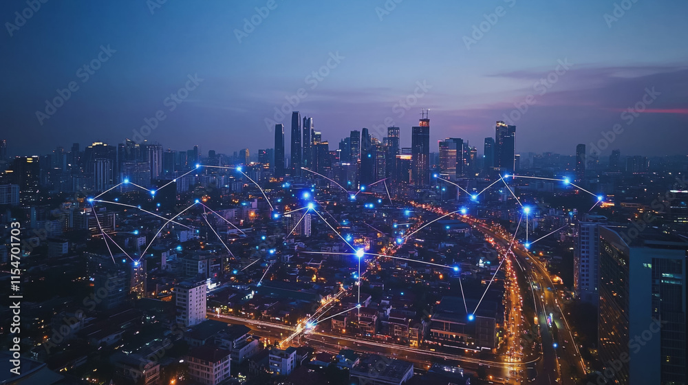 Fototapeta premium Smart digital Innovation city with connection network reciprocity over the cityscape. of future smart wireless city and social media networking systems that connects business people with in city