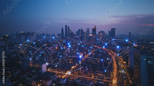 Wallpaper Mural Smart digital Innovation city with connection network reciprocity over the cityscape. of future smart wireless city and social media networking systems that connects business people with in city Torontodigital.ca