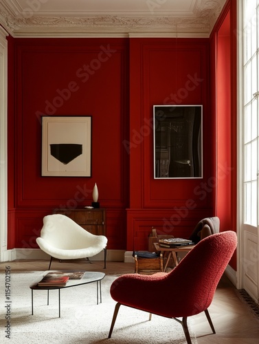 Red Room Interior Design Featuring Modern And Vintage Furniture