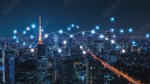 Wallpaper Mural Smart digital Innovation city with connection network reciprocity over the cityscape. of future smart wireless city and social media networking systems that connects business people with in city Torontodigital.ca