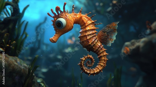 Adorable cartoon seahorse swimming in vibrant underwater scene. photo