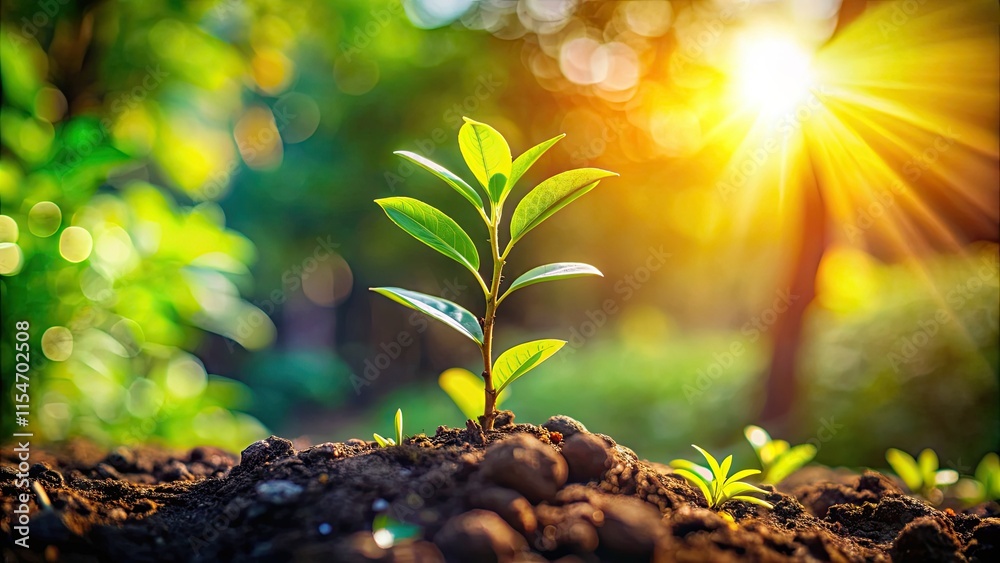 Close-up photo: a sun-drenched sapling, symbol of ecological hope in a thriving garden. Close-up photo: a sun-drenched sapling, symbol of ecological hope in a thriving garden.