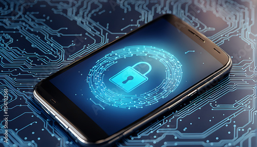 smartphone with cybersecurity lock icon on a blue circuit background