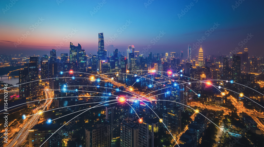 Fototapeta premium Smart digital Innovation city with connection network reciprocity over the cityscape. of future smart wireless city and social media networking systems that connects business people with in city