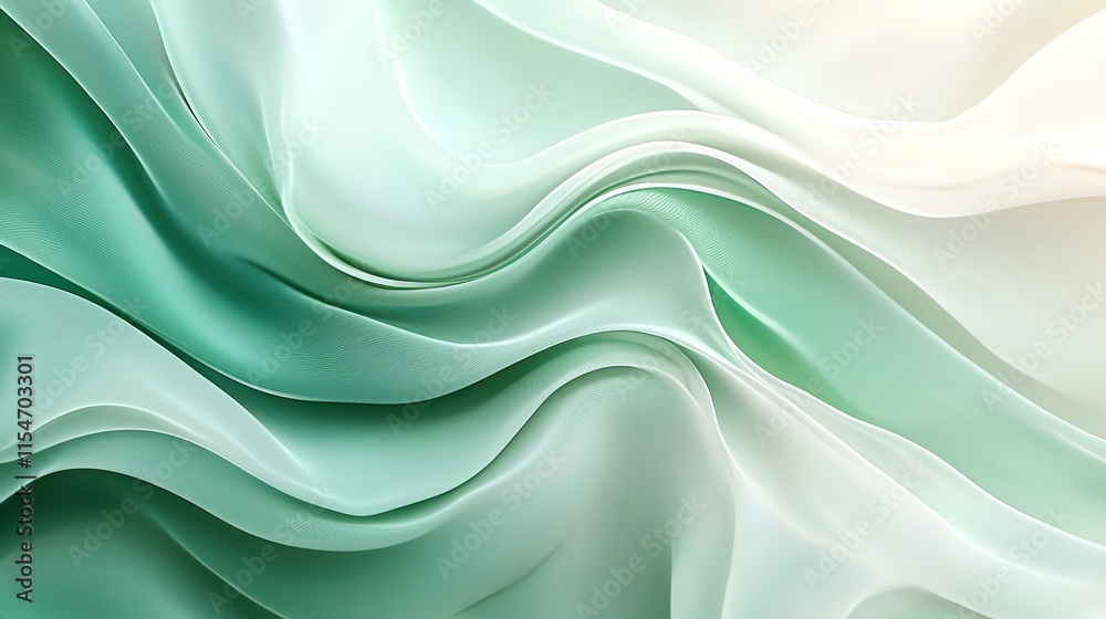 Fototapeta premium Elegant flowing green and white abstract fabric texture with smooth waves.