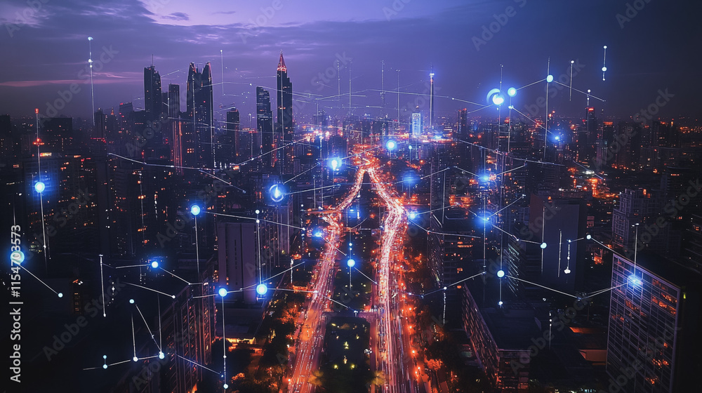 Fototapeta premium Smart digital Innovation city with connection network reciprocity over the cityscape. of future smart wireless city and social media networking systems that connects business people with in city