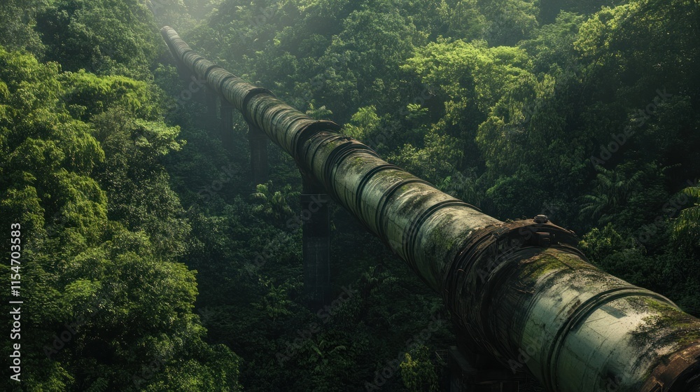 A pipeline running through a dense forest, integrated into the landscape with minimal disruption A pipeline running through a dense forest, integrated into the landscape with minimal disruption