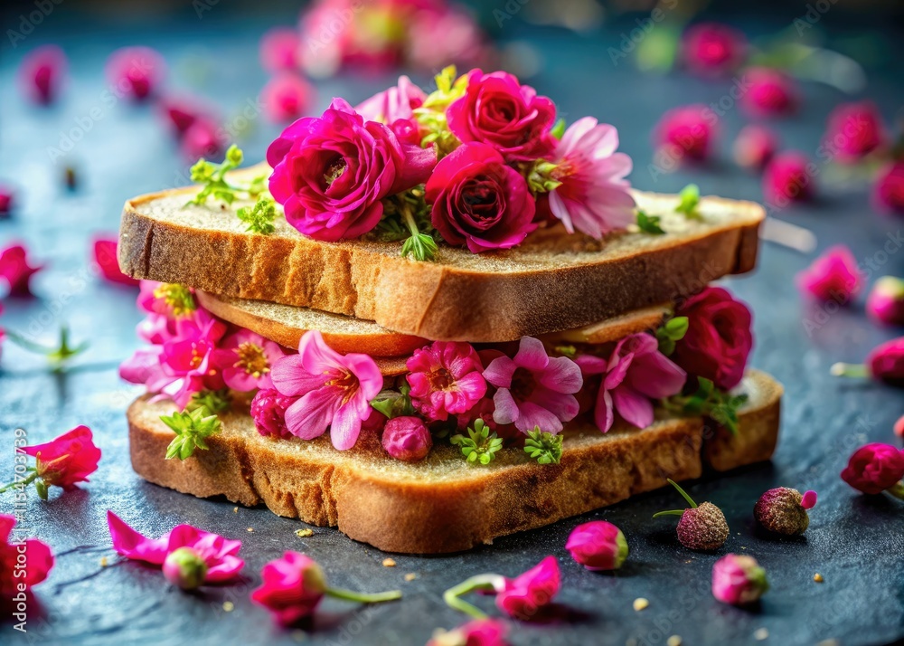 Naklejka premium Dreamy pink flower toast sandwich: artistic edible art, a whimsical breakfast treat.