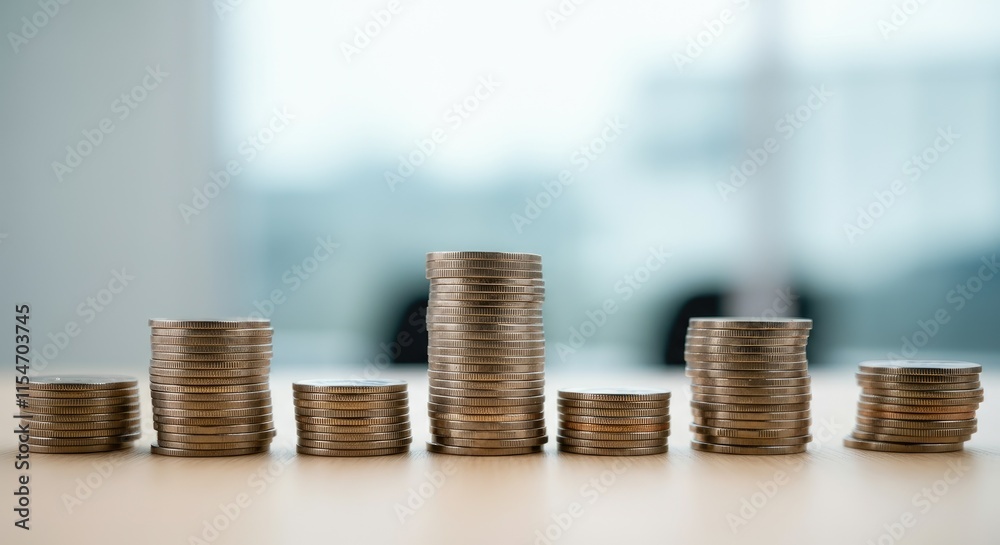 Stacks of coins arranged by height on table Stacks of coins arranged by height on table