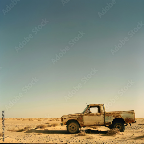 Rugged Duster Conquering the Endless Desert Dunes Under a Clear Sky, Symbolizing Adventure and Exploration photo