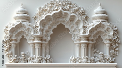 Intricate white architectural relief with floral motifs and arches. photo