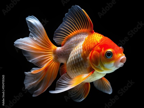 High-resolution studio shot: a magnificent gold oranda, its elaborate fins detailed against a stark black background.