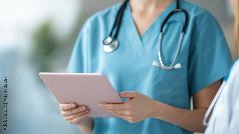 A healthcare professional in scrubs holds a tablet in a clinical setting, illustrating modern medical practices and technology integration. A healthcare professional in scrubs holds a tablet in a clinical setting, illustrating modern medical practices and technology integration.