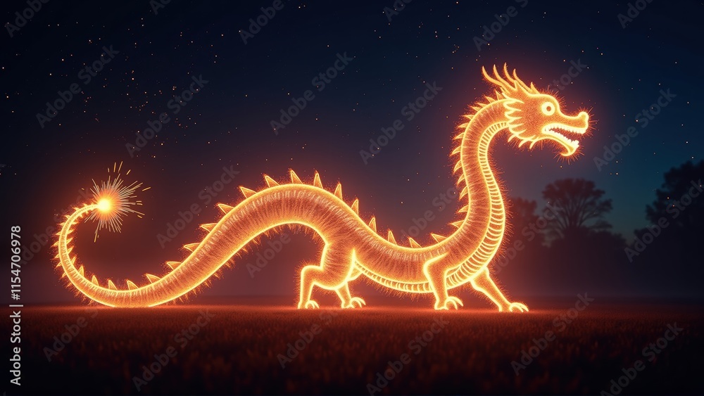 Obraz premium Fiery Dragon Sparkles Night Sky - Mystical/Fantasy Art