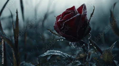 Single dark red rose in rain.