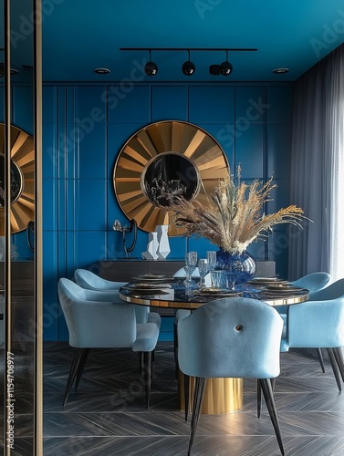 Elegant Dining Room Decor With Blue Walls And Gold Accents photo