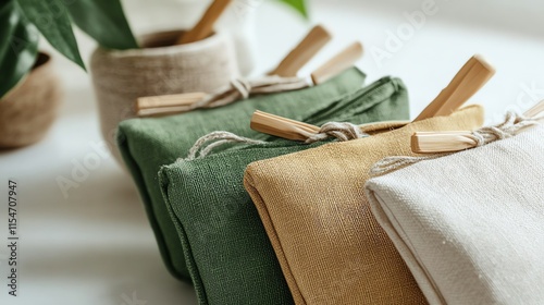 A detailed image of eco-conscious travel pouches on a white background.--ar 16:9 photo