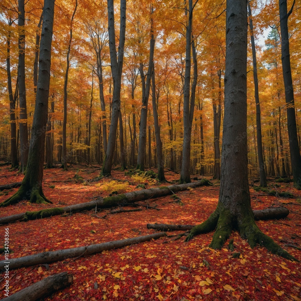 A vibrant autumn forest filled with a spectrum of warm colors. Towering trees with leaves in shades of fiery red, golden yellow, and burnt orange dominate the scene. 