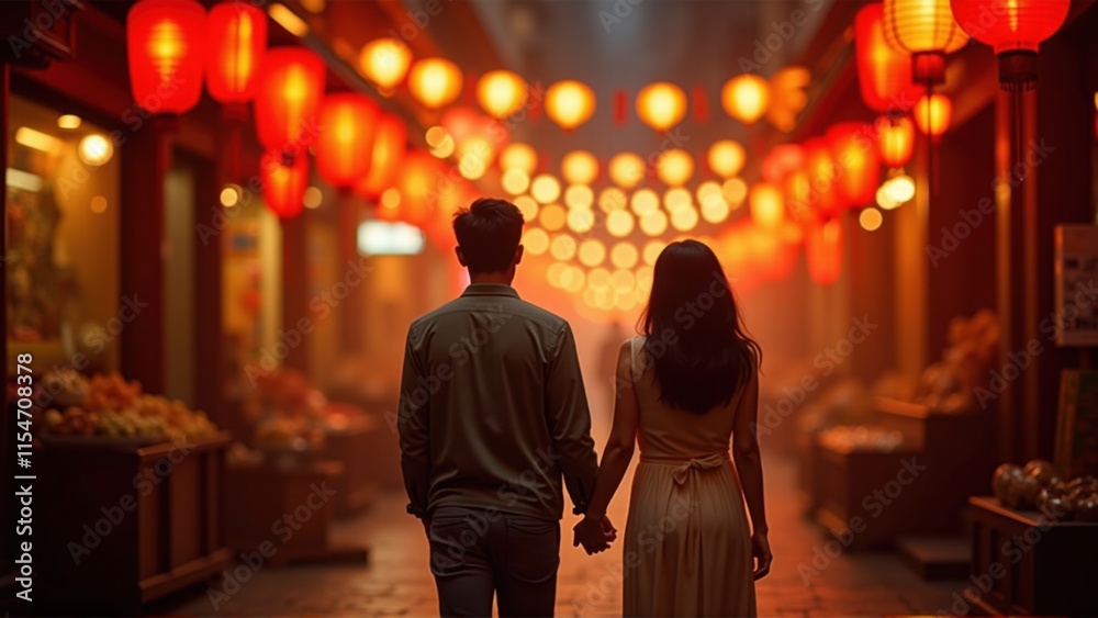 Obraz premium Romantic Couple Stroll, Lantern Lit Street - Warm lighting and atm.