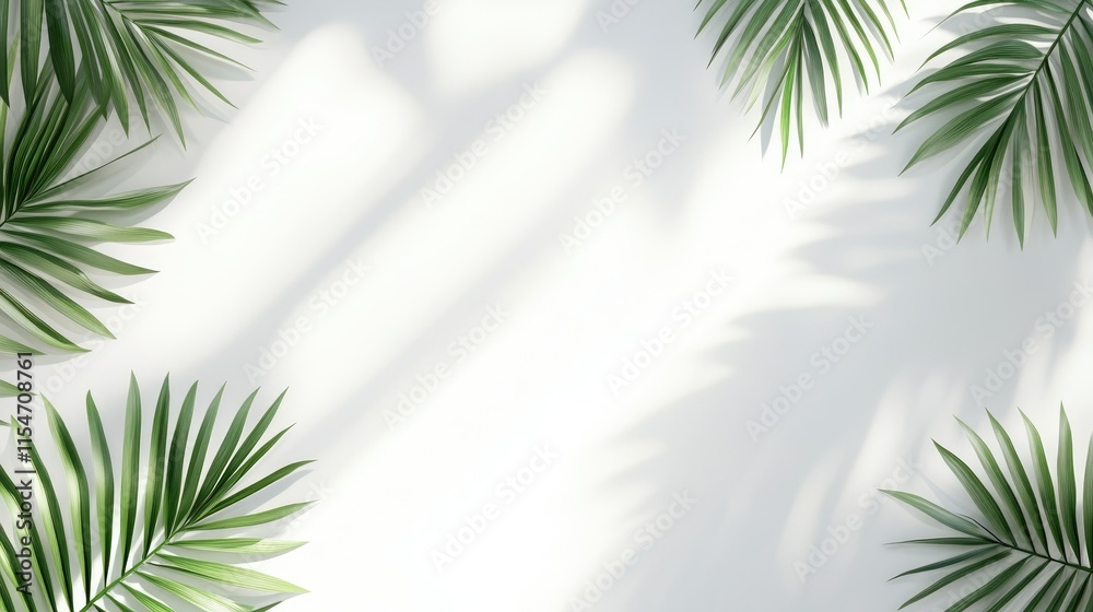 Lush Green Palm Leaves on White Surface with Soft Sunlight Shadows Lush Green Palm Leaves on White Surface with Soft Sunlight Shadows