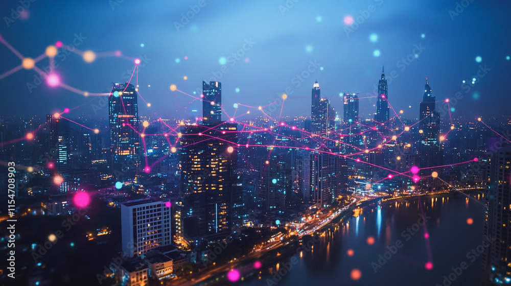 Fototapeta premium Smart digital Innovation city with connection network reciprocity over the cityscape. of future smart wireless city and social media networking systems that connects business people with in city