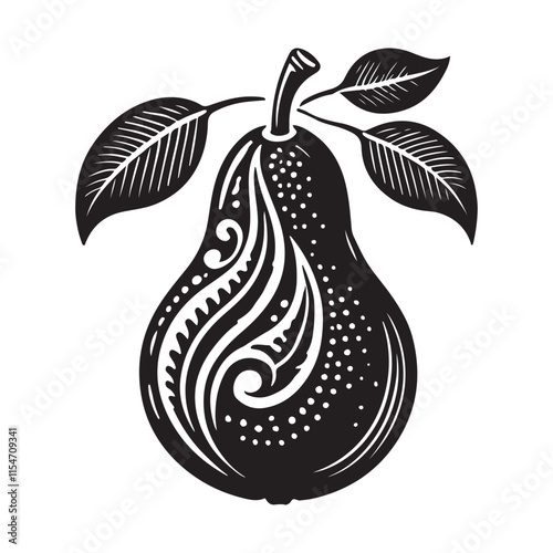 Pear Silhouette Vector Illustration, Solid White Background.